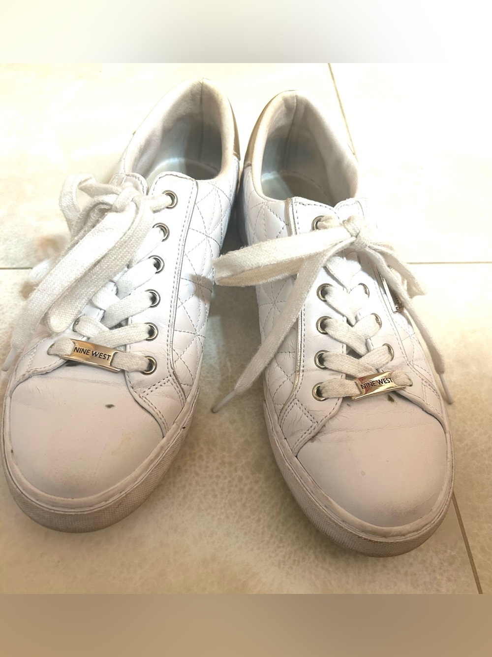 Nine West White Lace-Up Sneakers with Logo Accent